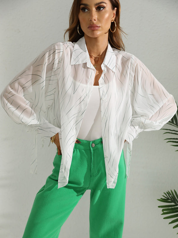 Women’s Lightweight Sheer Collared Button Down Blouse With Minimalistic Design