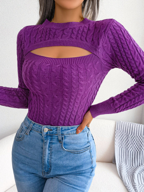 Women's fashion hollow fried dough twist long sleeve sweater