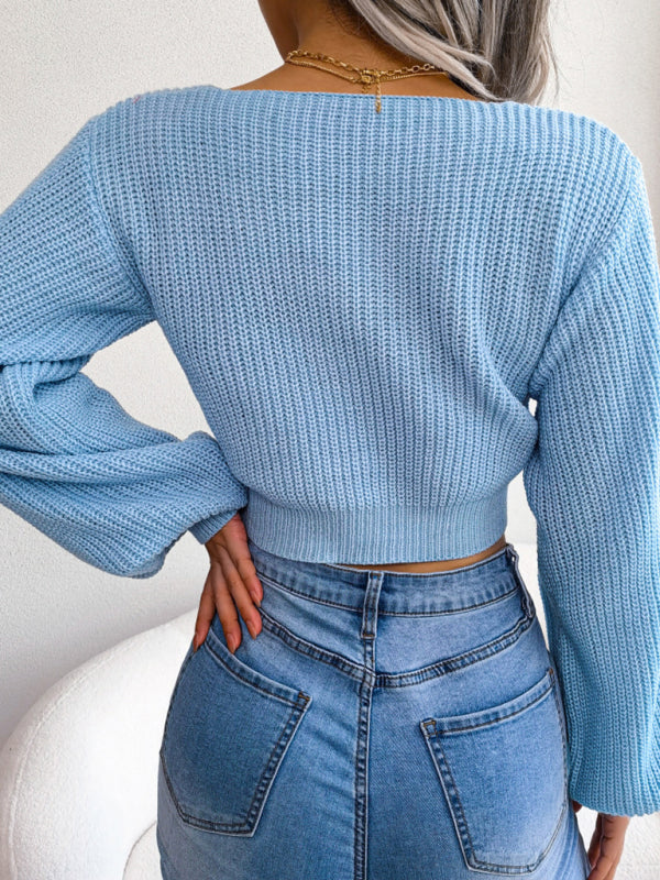 Women's Bow V-Neck Lantern Sleeve Crop Sweater