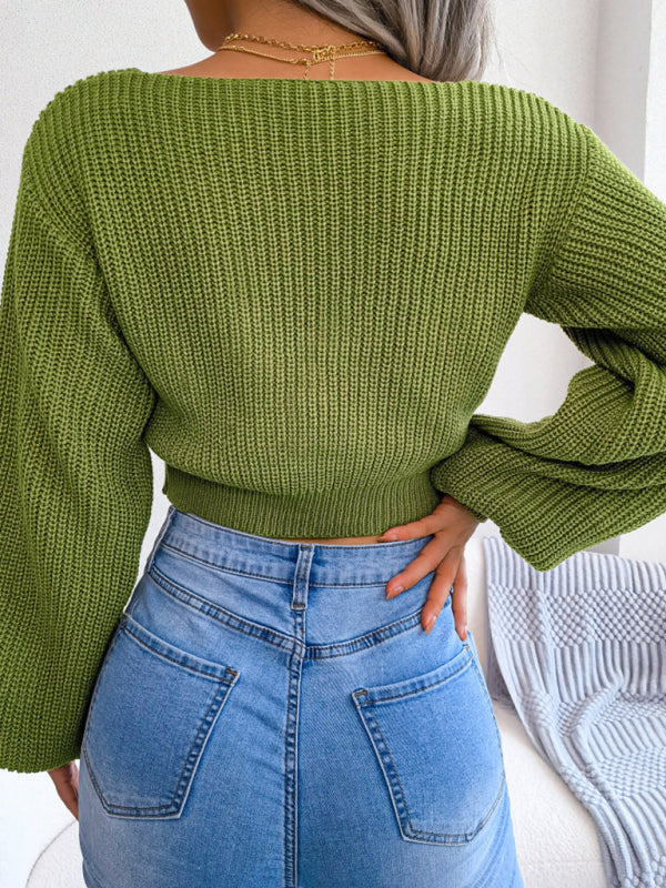 Women's Bow V-Neck Lantern Sleeve Crop Sweater