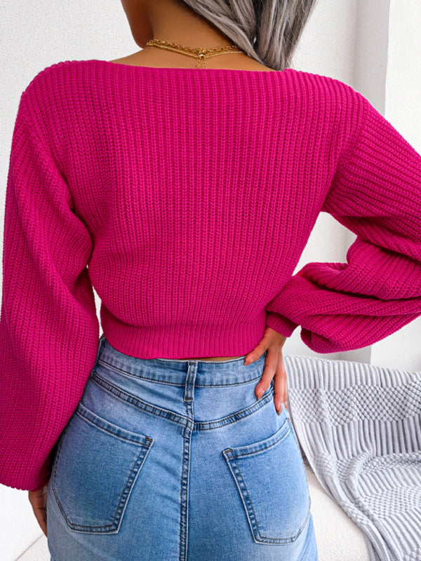 Women's Bow V-Neck Lantern Sleeve Crop Sweater