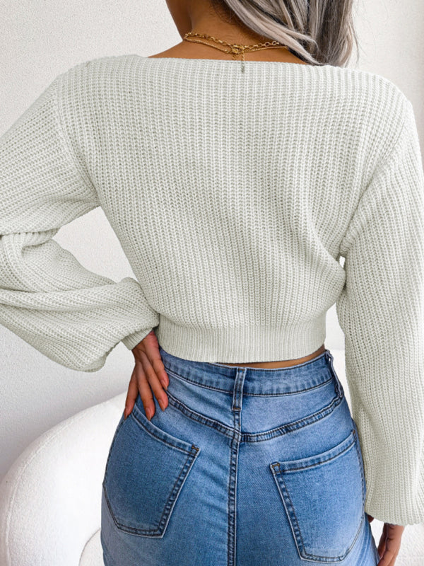 Women's Bow V-Neck Lantern Sleeve Crop Sweater
