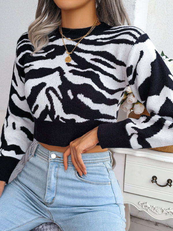 Women's Tiger Print Long Sleeve Crop Knit Sweater