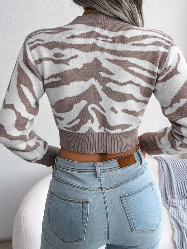 Women's Tiger Print Long Sleeve Crop Knit Sweater