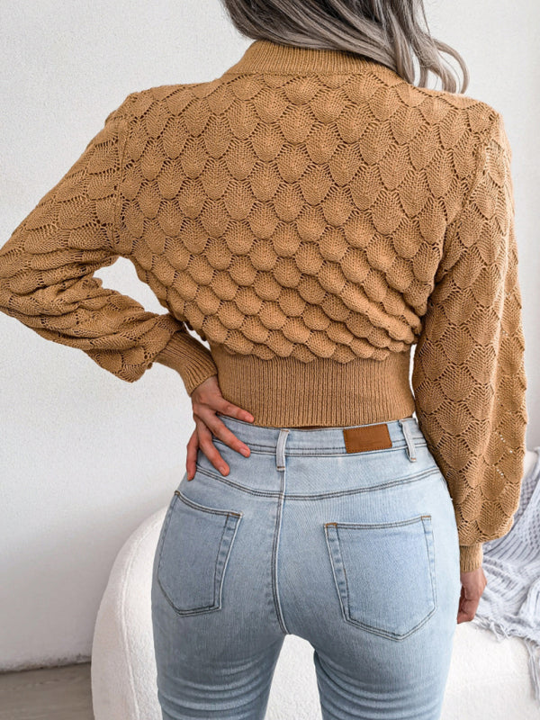 Women's Diamond Cutout Long Sleeve Crop Knit Sweater
