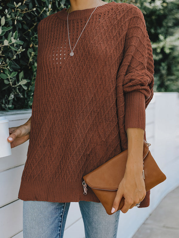 New round neck long sleeve hollow knitwear women's loose sweater winter