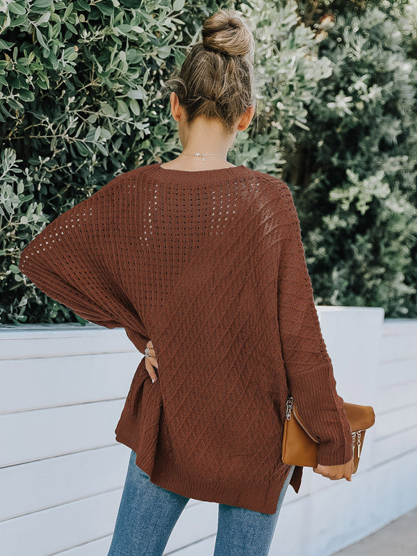 New round neck long sleeve hollow knitwear women's loose sweater winter