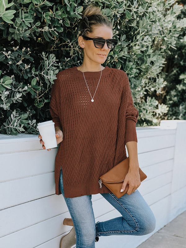 New round neck long sleeve hollow knitwear women's loose sweater winter
