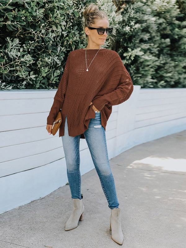 New round neck long sleeve hollow knitwear women's loose sweater winter
