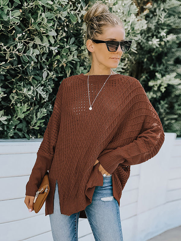 New round neck long sleeve hollow knitwear women's loose sweater winter