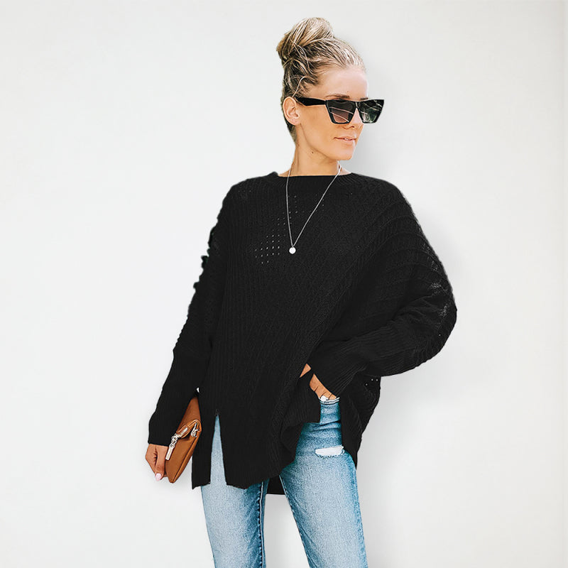 New round neck long sleeve hollow knitwear women's loose sweater winter