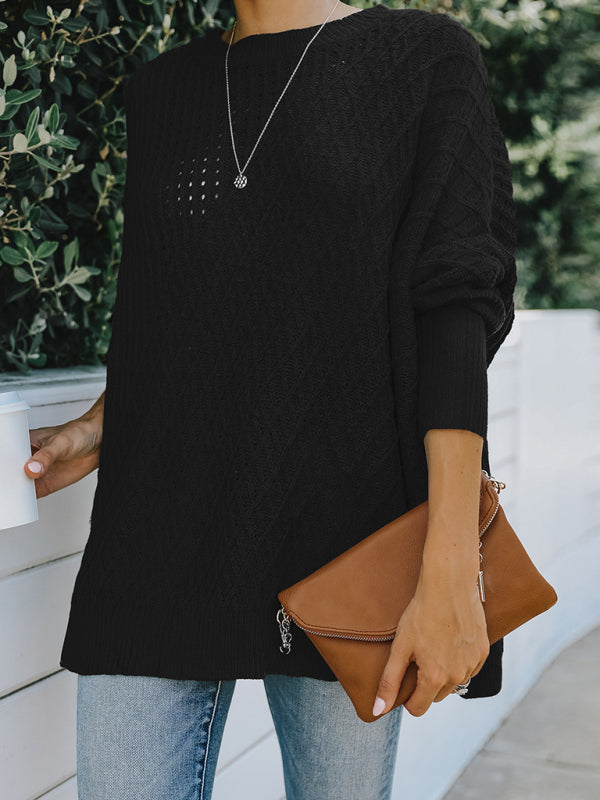 New round neck long sleeve hollow knitwear women's loose sweater winter