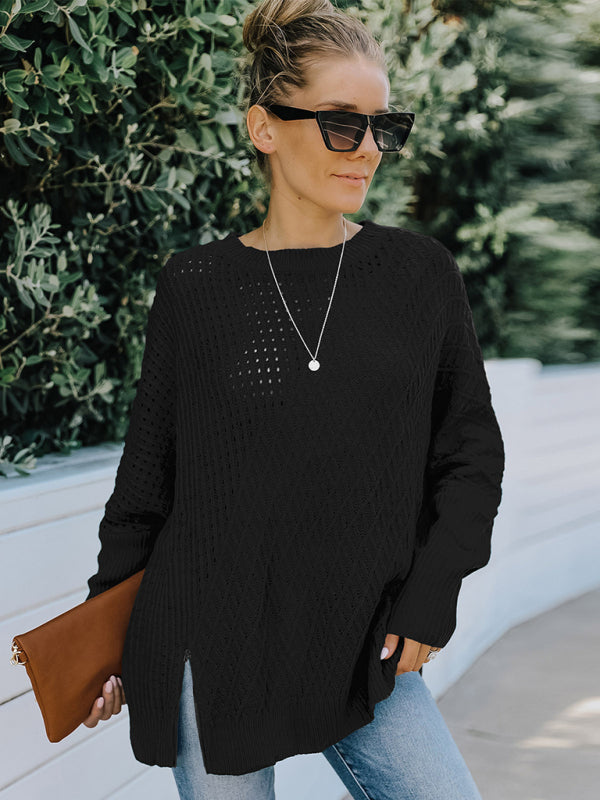 New round neck long sleeve hollow knitwear women's loose sweater winter