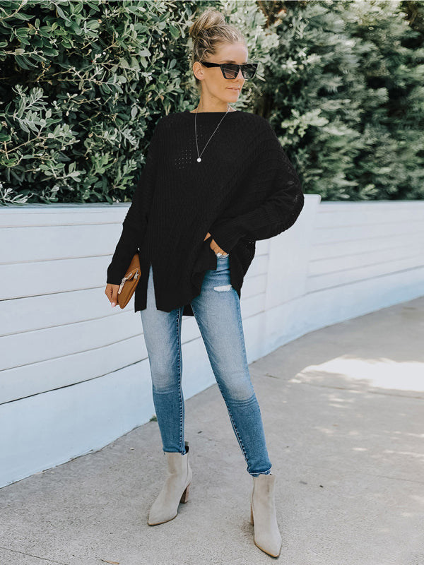 New round neck long sleeve hollow knitwear women's loose sweater winter