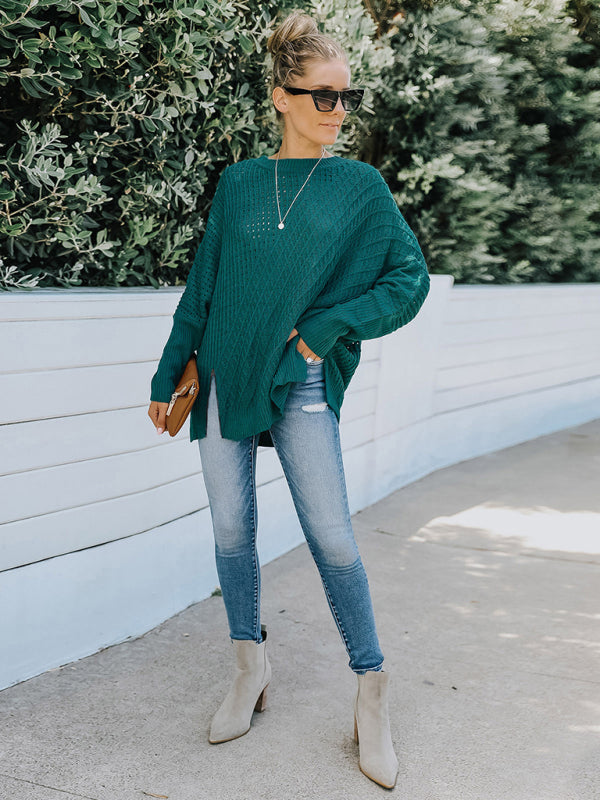 New round neck long sleeve hollow knitwear women's loose sweater winter