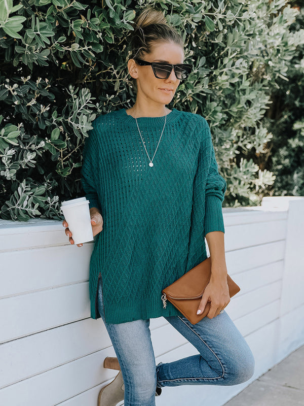 New round neck long sleeve hollow knitwear women's loose sweater winter