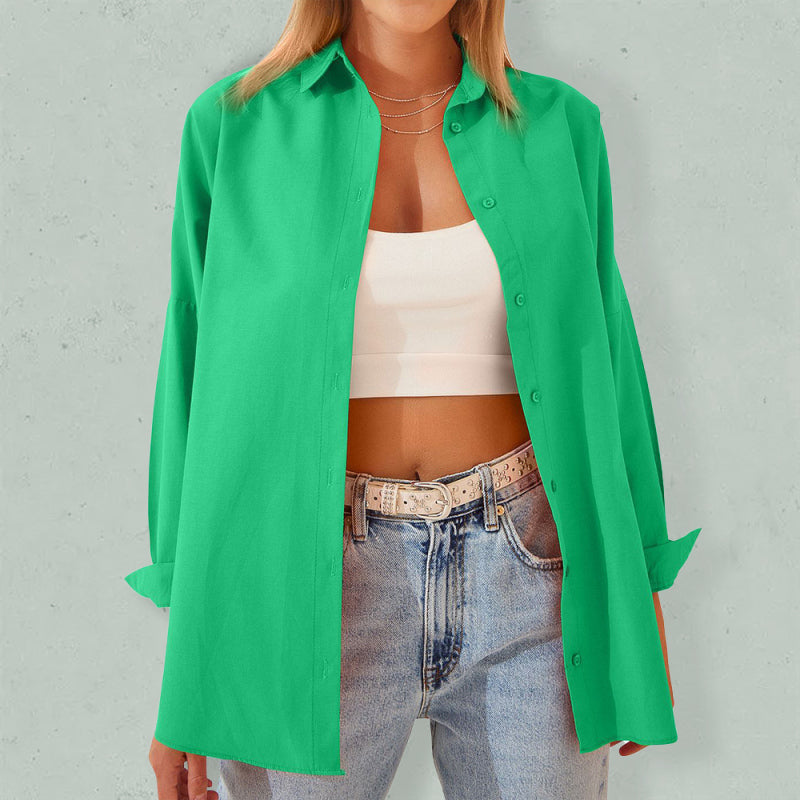 Women’s Solid Color Point Collar Button-front Closures Shirt