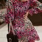 Leopard Flounce Sleeve Plunge Mini Dress