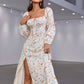 Floral Tie Front Square Neck Split Midi Dress