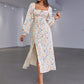 Floral Tie Front Square Neck Split Midi Dress
