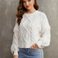 Fringe Trim Mixed Knit Balloon Sleeve Sweater