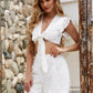 Eyelet Tie Front Crop Top and Ruffle Hem Shorts Set