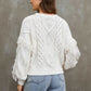 Fringe Trim Mixed Knit Balloon Sleeve Sweater