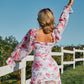 Floral Lace-Up Ruched Flounce Sleeve Dress