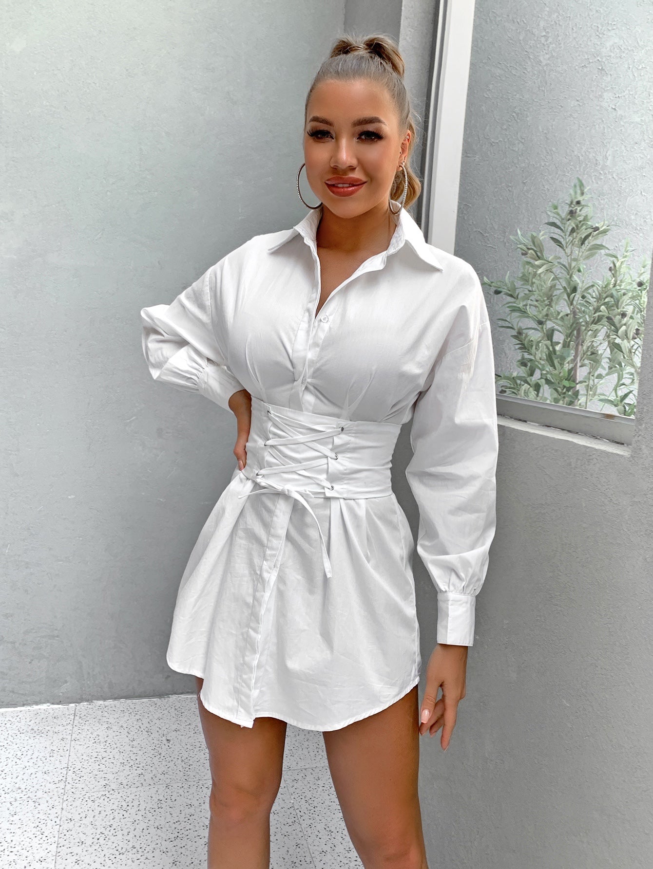 Lace-Up Dropped Shoulder Shirt Dress