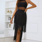 Spliced Mesh Fringe Hem Sleeveless Dress