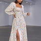 Floral Tie Front Square Neck Split Midi Dress