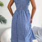 Plaid Tie Shoulder Frill Trim Midi Dress