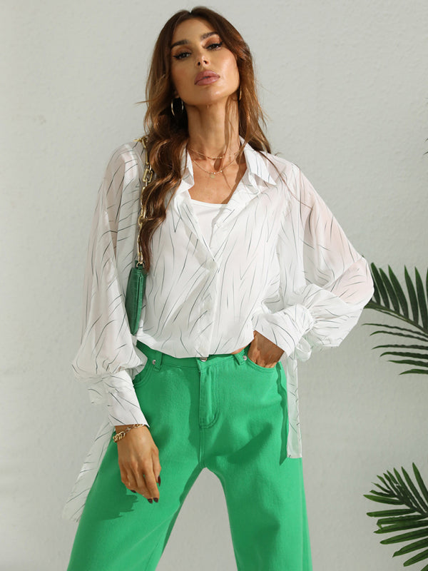 Women’s Lightweight Sheer Collared Button Down Blouse With Minimalistic Design