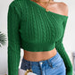 Women's fashion fried dough twist off shoulder long sleeve short knit sweater