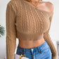 Women's fashion fried dough twist off shoulder long sleeve short knit sweater