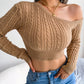 Women's fashion fried dough twist off shoulder long sleeve short knit sweater