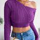 Women's fashion fried dough twist off shoulder long sleeve short knit sweater