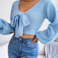 Women's Bow V-Neck Lantern Sleeve Crop Sweater