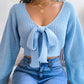Women's Bow V-Neck Lantern Sleeve Crop Sweater
