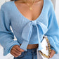 Women's Bow V-Neck Lantern Sleeve Crop Sweater