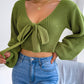 Women's Bow V-Neck Lantern Sleeve Crop Sweater
