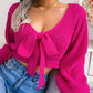 Women's Bow V-Neck Lantern Sleeve Crop Sweater