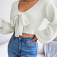 Women's Bow V-Neck Lantern Sleeve Crop Sweater