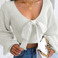 Women's Bow V-Neck Lantern Sleeve Crop Sweater