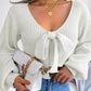 Women's Bow V-Neck Lantern Sleeve Crop Sweater