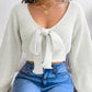 Women's Bow V-Neck Lantern Sleeve Crop Sweater