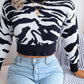Women's Tiger Print Long Sleeve Crop Knit Sweater