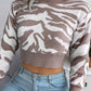 Women's Tiger Print Long Sleeve Crop Knit Sweater