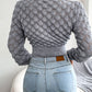 Women's Diamond Cutout Long Sleeve Crop Knit Sweater