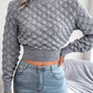 Women's Diamond Cutout Long Sleeve Crop Knit Sweater